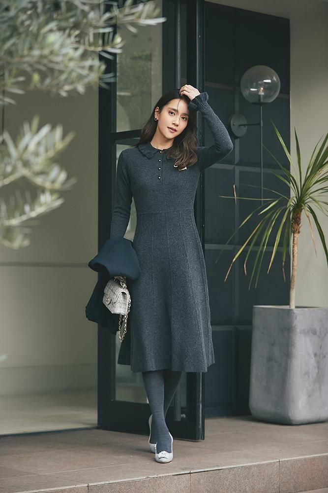 フリル襟ニットワンピース(グレー) - seventen