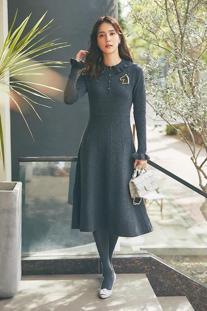 フリル襟ニットワンピース(グレー) - seventen