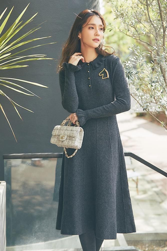 フリル襟ニットワンピース(グレー) - seventen