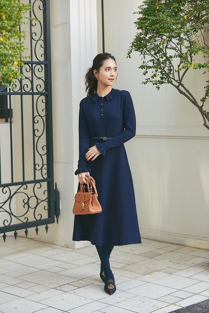 フリル襟ニットワンピース(ネイビー) - seventen