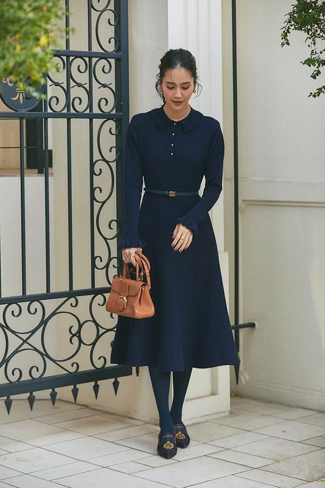 2024AWSuper Beauty 襟ぐりフリルニットワンピース　　44 フリル襟ニットワンピース(ネイビー) - seventen