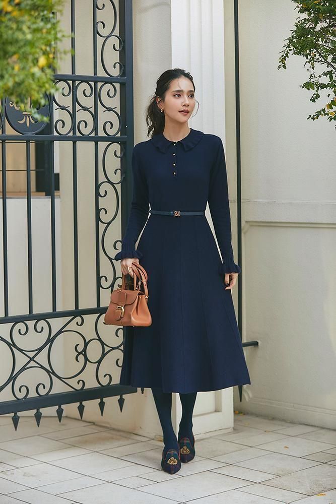 フリル襟ニットワンピース(ネイビー) - seventen