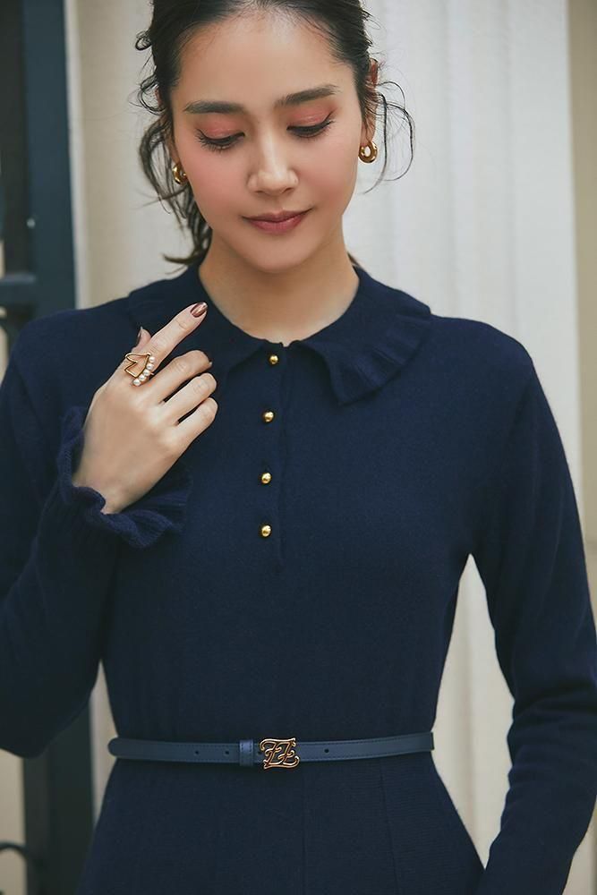 フリル襟ニットワンピース(ネイビー) - seventen