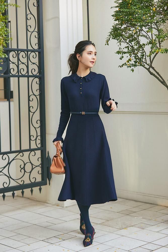 フリル襟ニットワンピース(ネイビー) - seventen