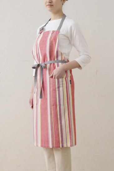 もんぺと合わせる　洗いざらしリネンストライプエプロン fog linen work リネンフルエプロン グレーホワイトストライプ