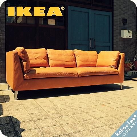 北欧スウェーデンのブランド Ikea イケア の高級ラインstockholm ストックホルム 総皮革3人掛けソファーです セグロラ ナチュラルの明るい 色合いのレザーを使用したモダンなトリプルソファー Kokoelma ココエルマ 雑貨 中古家具 北欧家具 アンティーク家具の