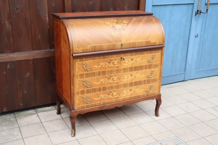 むぎ☆管257☆イタリア製☆象嵌☆GIEMME☆ライティングビューロー イタリア デスク ライティング ビューロー 3段 茶 象嵌 丸脚