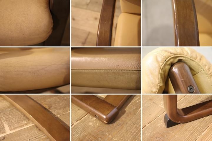 FUJI FURNITURE(冨士ファニチア)の本革を使用したダイニングチェアーです。曲木とレザーのナチュラルな雰囲気のアームチェアーはシングルソファー のようなゆったりとした座り心地です♪ - kokoelma -ココエルマ- 雑貨・中古家具・北欧家具・アンティーク家具の通販 