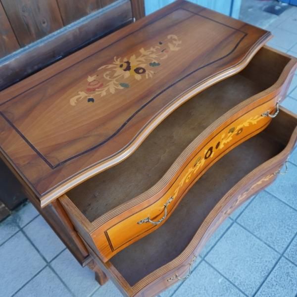 イタリア 3段 チェスト 茶 87cm 象嵌 ロココ調 家具 猫脚 丸脚