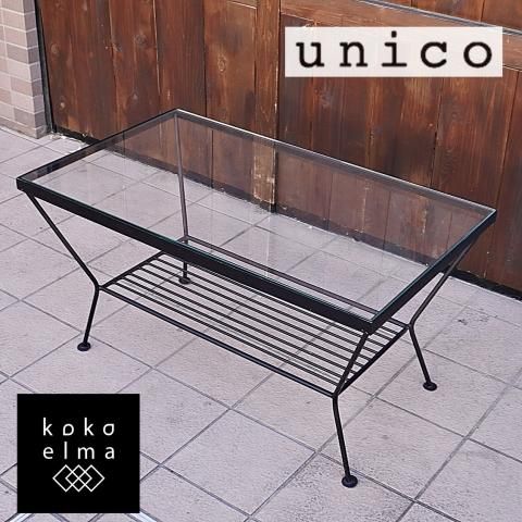 unico “EDDY” ガラス×アイアン ローテーブル 黒 透明 鉄 ユニコ ロー