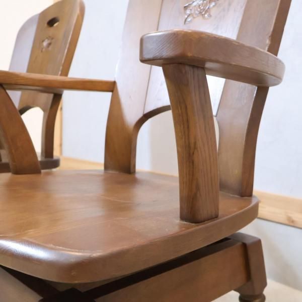 【極上品】北海道民芸家具 HOKUMIN アームチェア 回転チェア 2脚 無垢材 極上品】北海道民芸家具 HOKUMIN アームチェア 回転チェア 2脚