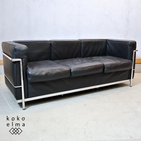 CAR　IDC大塚家具 黒総本革 LC2 ル・コルビジェ リソファ IDC大塚家具 LC2 3人掛けソファ 黒本革 リプロダクト 入荷しま