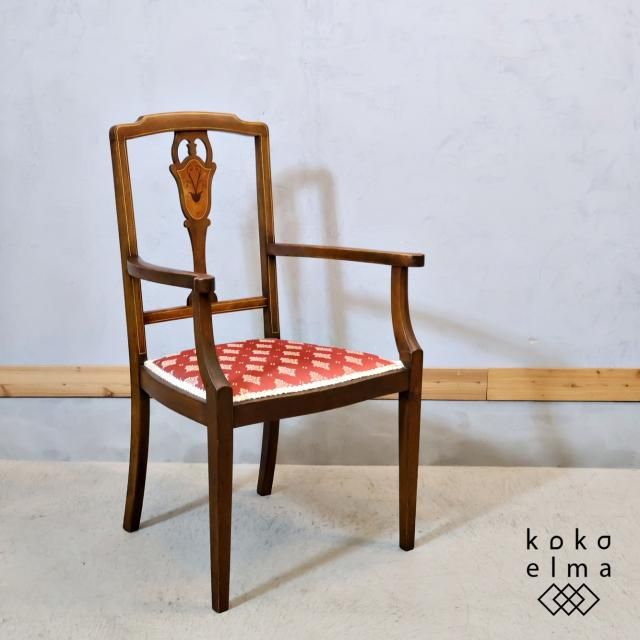 【お値下げ】木製 花の象嵌椅子 英国アンティークの象嵌細工 アームチェアです。植物のモチーフが描か