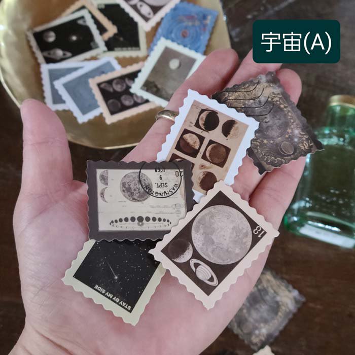 レトロ切手風シール46枚セット(23柄x2枚)・絵・花・キノコ・宇宙シリーズ サブイメージ