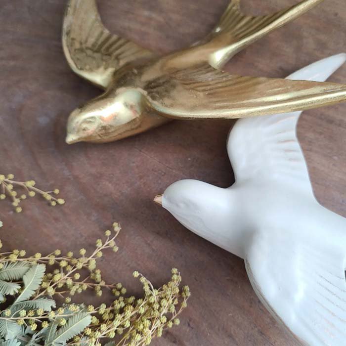 ツバメ・鳥の壁掛けオブジェ(M)・バードデコレーション・ゴールド・クリームホワイト サブイメージ