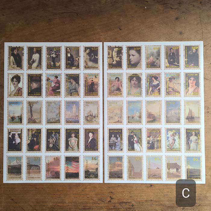 ビンテージ切手風・名画シリーズ切手シール・100枚セット価格・３シリーズ・A〜C サブイメージ