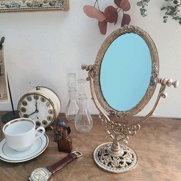 送料込み★お洒落　オーバル型スタンドミラー　インスタ映え　アンティーク 卓上ミラー スタンドミラー 鏡 両面 メイクミラー 360度調整可能