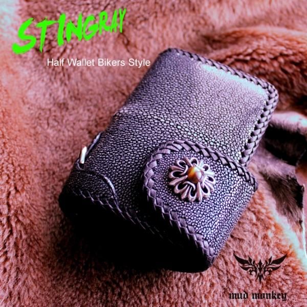 ミドルウォレット 二つ折り財布 エイ革/スティングレイポリッシュ/コンチョユリタイガーアイ/INSIDEサドルBlack