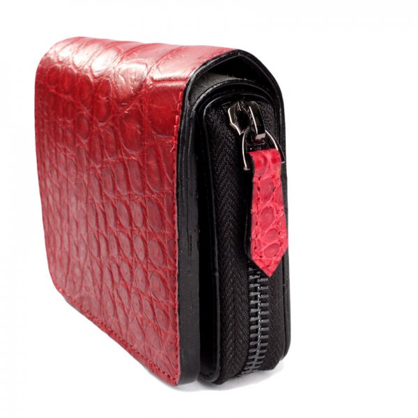 ラウンドファスナー二つ折り財布 クロコダイル財布 バーミリオン /イタリアンレザー ブラック FUSION