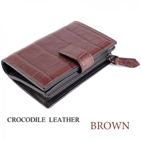L字ファスナー二つ折りミドル財布 / クロコダイル財布 ブラウン
