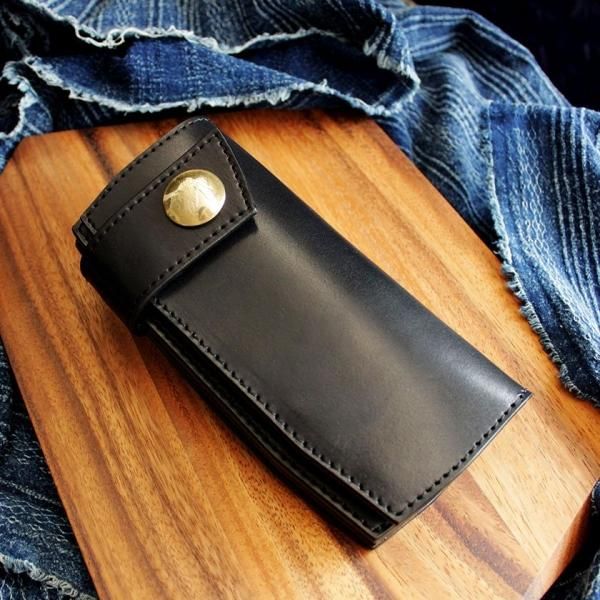 ハンドメイド 栃木レザー 長財布 エンボス加工　バイカー バイカーズウォレット 栃木レザー ヌメ革黒 長財布 KATANA