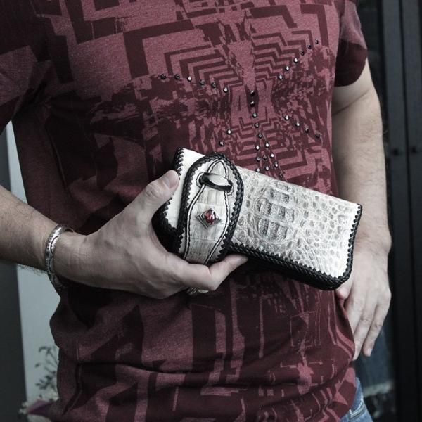 カイマンクラウン ワニ革 長財布 バイカーズウォレット/レッドアイ