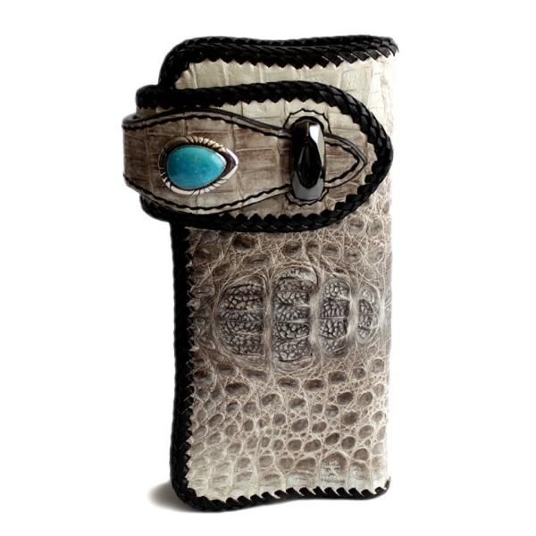 カイマンクラウン ワニ革 長財布 バイカーズウォレット/ブルー