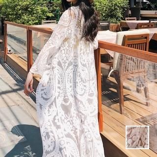 韓国 ファッション トップス カーディガン 春 夏 カジュアル PTX8172  花柄 オールレース シースルー マキシ丈 リゾート サマーガウン オルチャン シンプル 定番 セレカジ