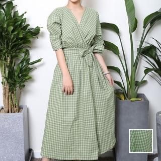 リゾートワンピース ロング マキシ ハワイ お出かけワンピ 春 夏 リゾート パーティー PTXB248  マキシワンピース レトロ ギンガムチェック リボン ウエストマーク ラップ セレブ セクシー