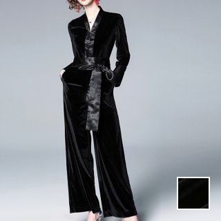 韓国 ファッション オールインワン サロペット 春 夏 パーティー ブライダル PTXE766  異素材ミックス 光沢 ウエストマーク ワイドパンツ ドレス 二次会 セレブ きれいめ
