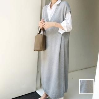 韓国 ファッション ワンピース 秋 冬 カジュアル PTXG538  リブニット ロングベスト ジャンパースカート オルチャン シンプル 定番 セレカジ