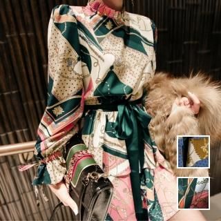 韓国 ファッション ワンピース パーティードレス ショート ミニ丈 春 夏 秋 パーティー ブライダル PTXI102 結婚式 お呼ばれ 渋色 スカーフ柄 スタンドカラー テ 二次会 セレブ きれいめ