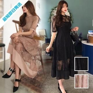 【即納】韓国 ファッション ワンピース パーティードレス ロング マキシ 春 夏 パーティー ブライダル SPTXI320 結婚式 お呼ばれ シースルー バックリボン レイヤ 二次会 セレブ きれいめ