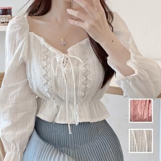 韓国 ファッション トップス ブラウス シャツ 春 夏 秋 カジュアル PTXI477  はしごレース チュニック風 レースアップ オルチャン シンプル 定番 セレカジ