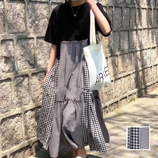 韓国 ファッション ワンピース 春 夏 カジュアル PTXI717  ゆったり ティアード プリーツ 切替え Tワンピ オルチャン シンプル 定番 セレカジ