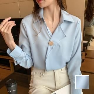 韓国 ファッション トップス ブラウス シャツ 春 秋 冬 カジュアル PTXI907  アシンメトリー 大き目ボタン ドレープ 光沢 オルチャン シンプル 定番 セレカジ