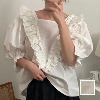 韓国 ファッション トップス ブラウス シャツ 春 秋 冬 カジュアル PTXI956  フリル バックコンシャス デコラティブ オルチャン シンプル 定番 セレカジ