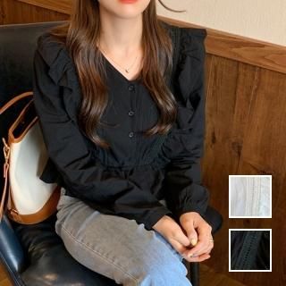 韓国 ファッション トップス ブラウス シャツ 春 秋 冬 カジュアル PTXJ156  フリル シワ加工 Vネック ギャザー ガーリー オルチャン シンプル 定番 セレカジ