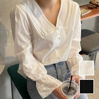 韓国 ファッション トップス ブラウス シャツ 春 夏 秋 カジュアル PTXK860  レース ノーカラー シアー パフスリーブ オルチャン シンプル 定番 セレカジ