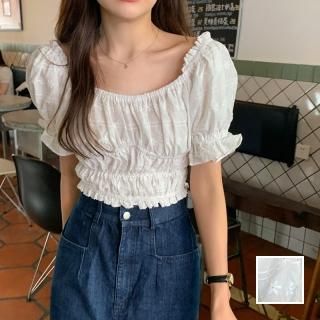 韓国 ファッション トップス ブラウス シャツ 春 夏 カジュアル PTXK931  デコルテ見せ ギャザー フリル クロップド オルチャン シンプル 定番 セレカジ