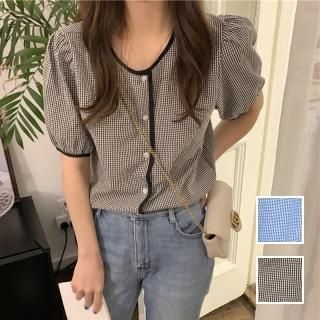 韓国 ファッション トップス ブラウス シャツ 春 夏 カジュアル PTXK950  チェック パイピング パフスリーブ ラフ オルチャン シンプル 定番 セレカジ
