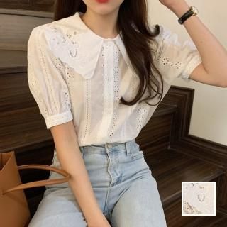 韓国 ファッション トップス ブラウス シャツ 春 夏 カジュアル PTXK959  パンチングレース ビッグカラー パフスリーブ オルチャン シンプル 定番 セレカジ