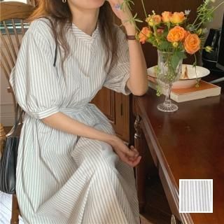 韓国 ファッション ワンピース 春 夏 カジュアル PTXL391  バンドカラー シアー 五分袖 シャツワンピース オルチャン シンプル 定番 セレカジ