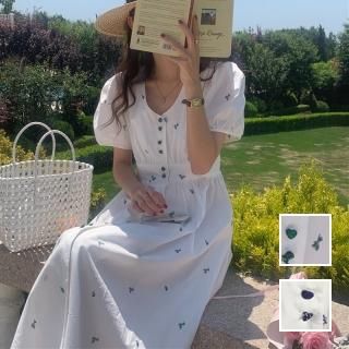 韓国 ファッション ワンピース 春 夏 カジュアル PTXL393  パフスリーブ バイカラー 刺繍 フロントボタン オルチャン シンプル 定番 セレカジ