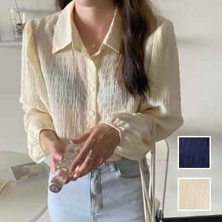 韓国 ファッション トップス ブラウス シャツ 春 夏 秋 カジュアル PTXL399  シワ加工 セルフチェック パフスリーブ シアー オルチャン シンプル 定番 セレカジ