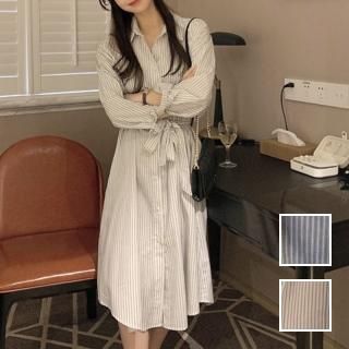 韓国 ファッション ワンピース 秋 冬 カジュアル PTXL965  ストライプ シアー ゆるタイト シャツワンピ オルチャン シンプル 定番 セレカジ