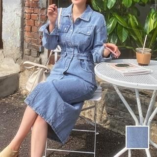 韓国 ファッション ワンピース 秋 冬 カジュアル PTXL993  シャツワンピース ジーンズ タイト ミモレ丈 オルチャン シンプル 定番 セレカジ
