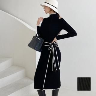 韓国 ファッション ワンピース パーティードレス ひざ丈 ミディアム 秋 冬 パーティー ブライダル PTXL996 結婚式 お呼ばれ オープンショルダー ハイネック ライン 二次会 セレブ きれいめ