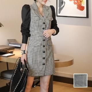 韓国 ファッション ワンピース パーティードレス ショート ミニ丈 秋 冬 パーティー ブライダル PTXM015 結婚式 お呼ばれ 異素材ミックス パフスリーブ 千鳥格子  二次会 セレブ きれいめ