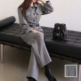韓国 ファッション オールインワン サロペット 秋 冬 パーティー ブライダル PTXM016  ピンチェック モノトーン ワイド ストレート 二次会 セレブ きれいめ